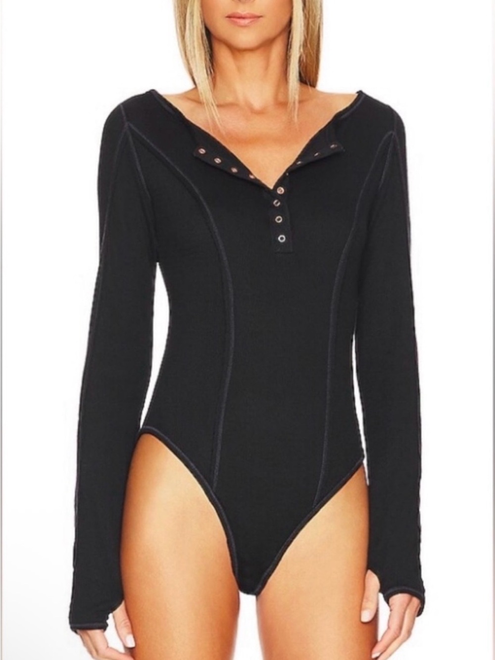 Free People Black Snap-Front Long Sleeve Bodysuit